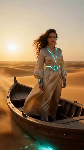 Cyberpunk Wuxia Fishing Boat Sand Dunes POV
