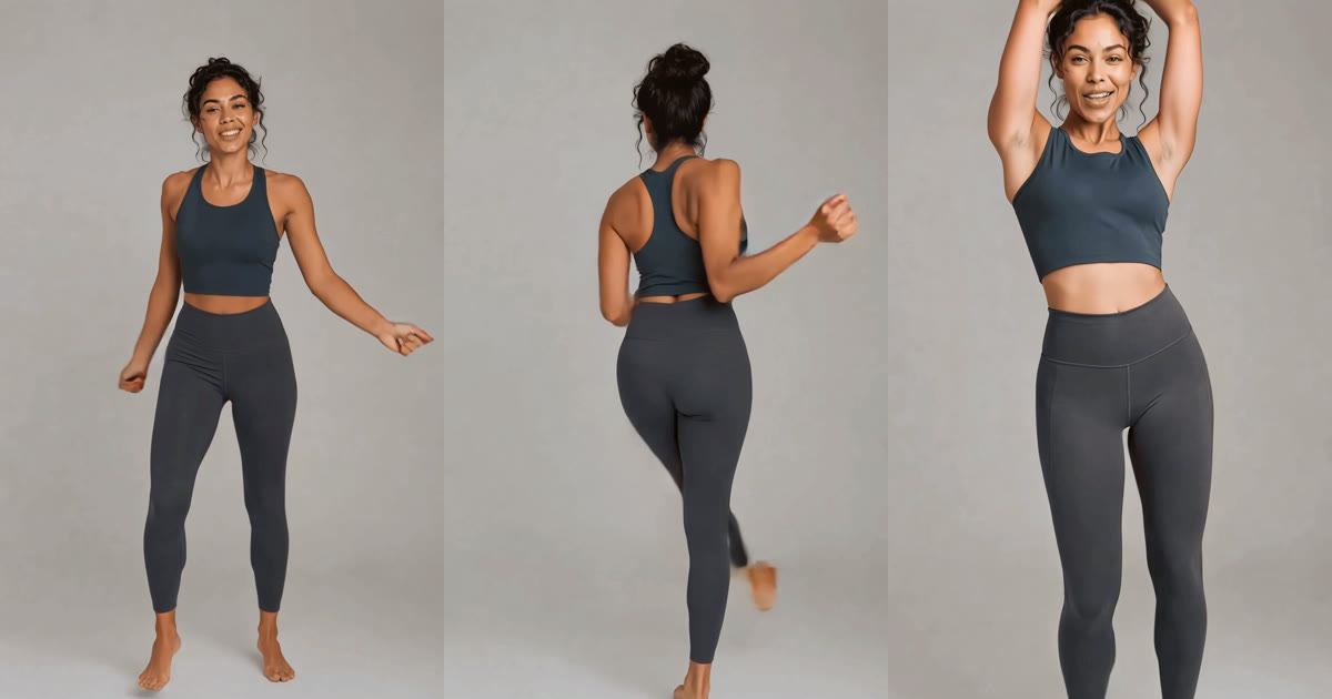 Three moments from a Bombare Bom Bom dance video: a dancer hops toward the camera, turns her back with a hip sway, then throws her arms up overhead
