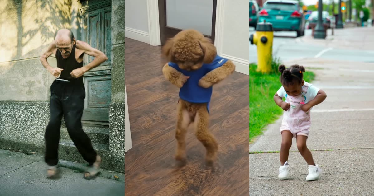 Three C Walk AI videos side by side: a grandpa, a poodle in a blue shirt, and a toddler, each doing the crip walk