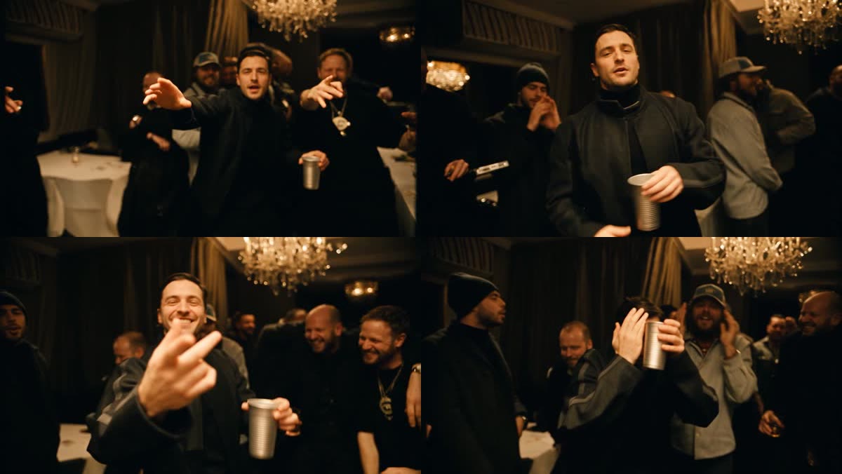 Four stills from a Burning Bridges AI video: the man at the front pointing at the crowd, rapping with the silver cup, grinning and pointing at the camera, and covering his face with a hand for the peekaboo move