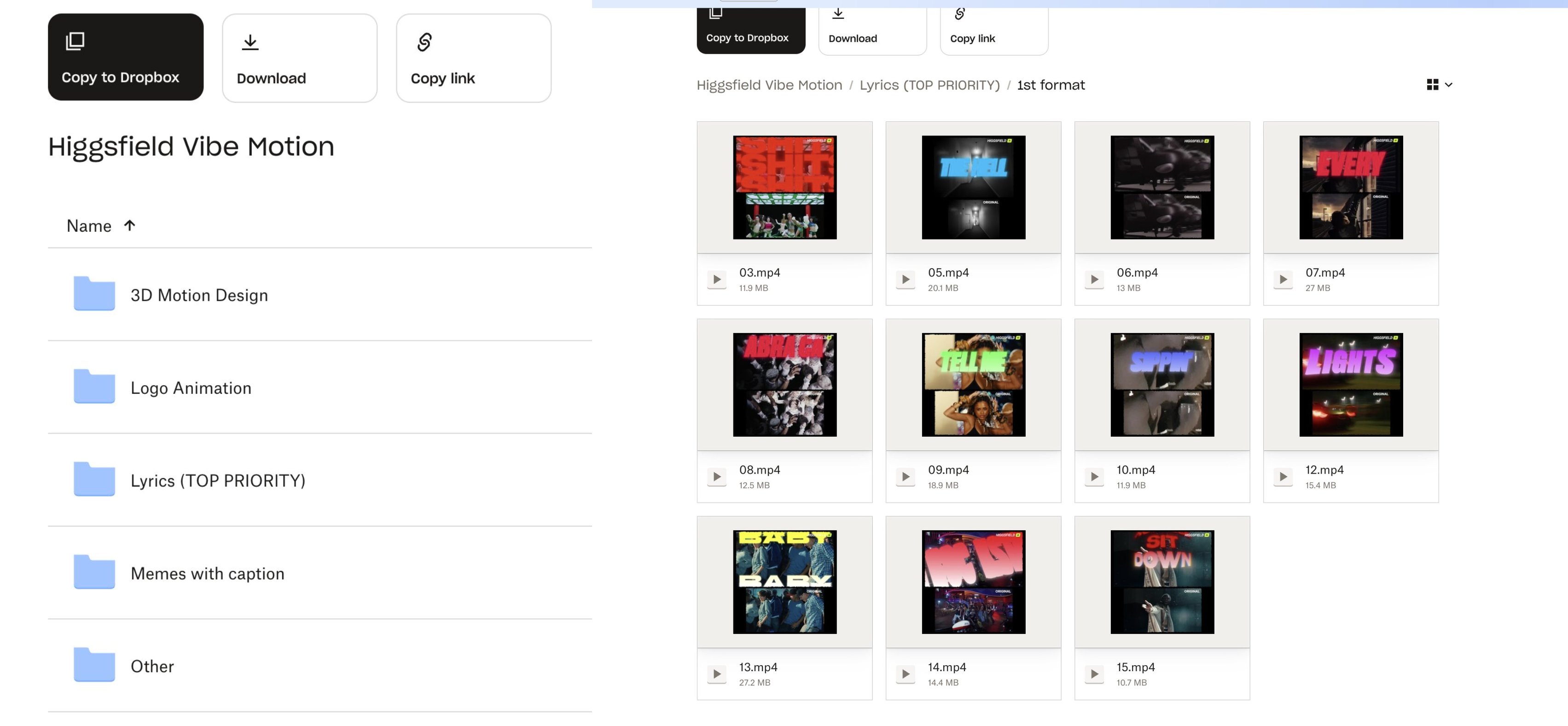 Pre-made video assets Higgsfield provides to influencers
