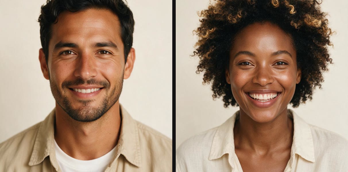 Two portrait photos used for the test: a smiling man with dark hair and a beard, and a smiling woman with curly hair