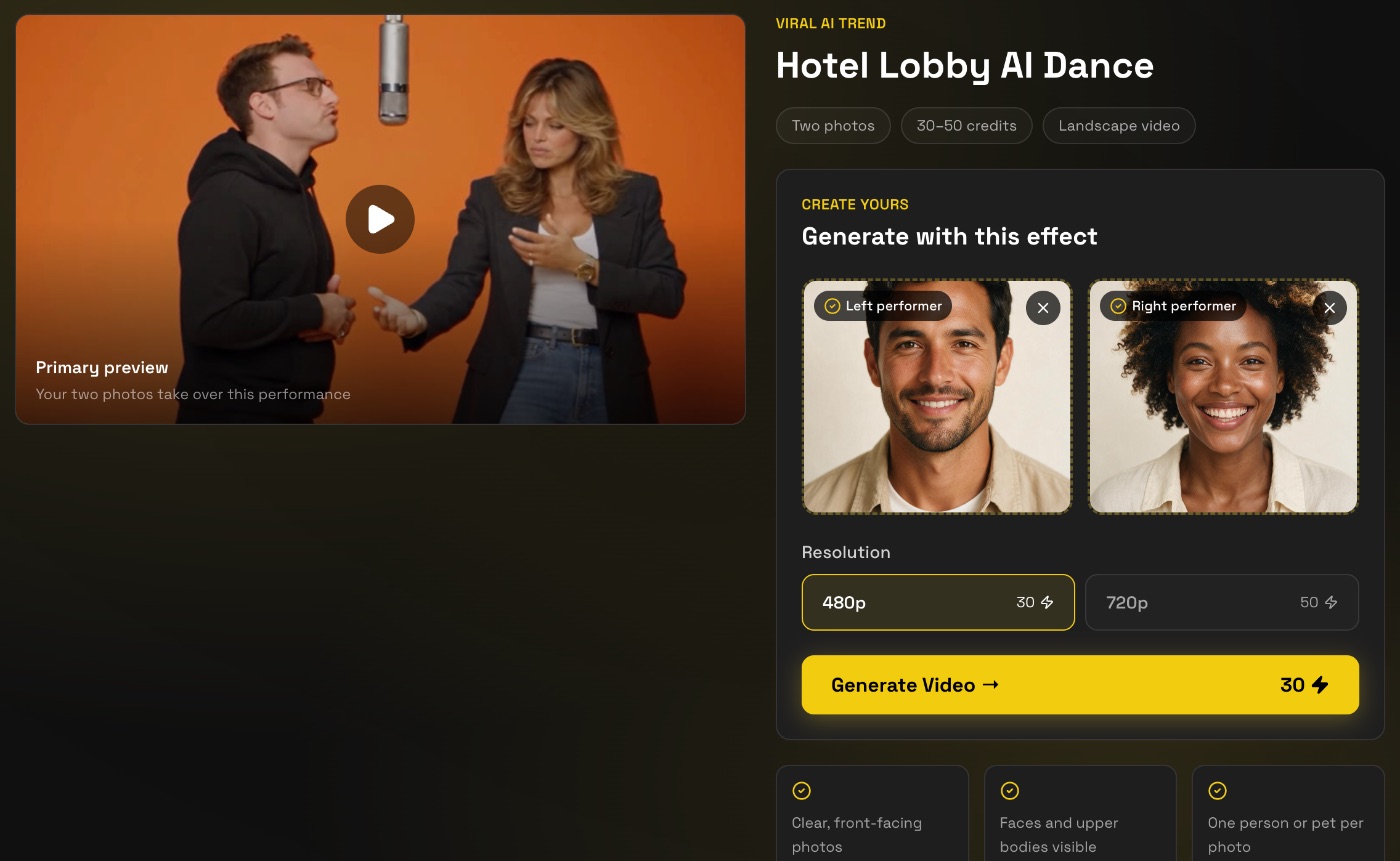 The Hotel Lobby generator on FIKKU with two portrait photos uploaded as the left and right performer, 480p selected, and a Generate Video button for 30 credits