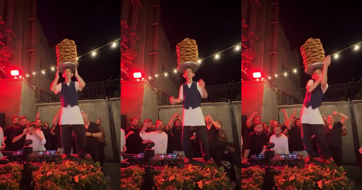 Three moments from a Love Is Gonna Save Us dance video: a dancer balancing a stack of bread rings on his head dances on a stage above a crowd at a night party