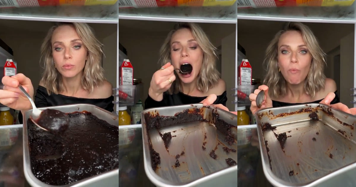 Three moments from a fridge POV video: a spoon in a full tray of tiramisu, a big bite, and the empty tray