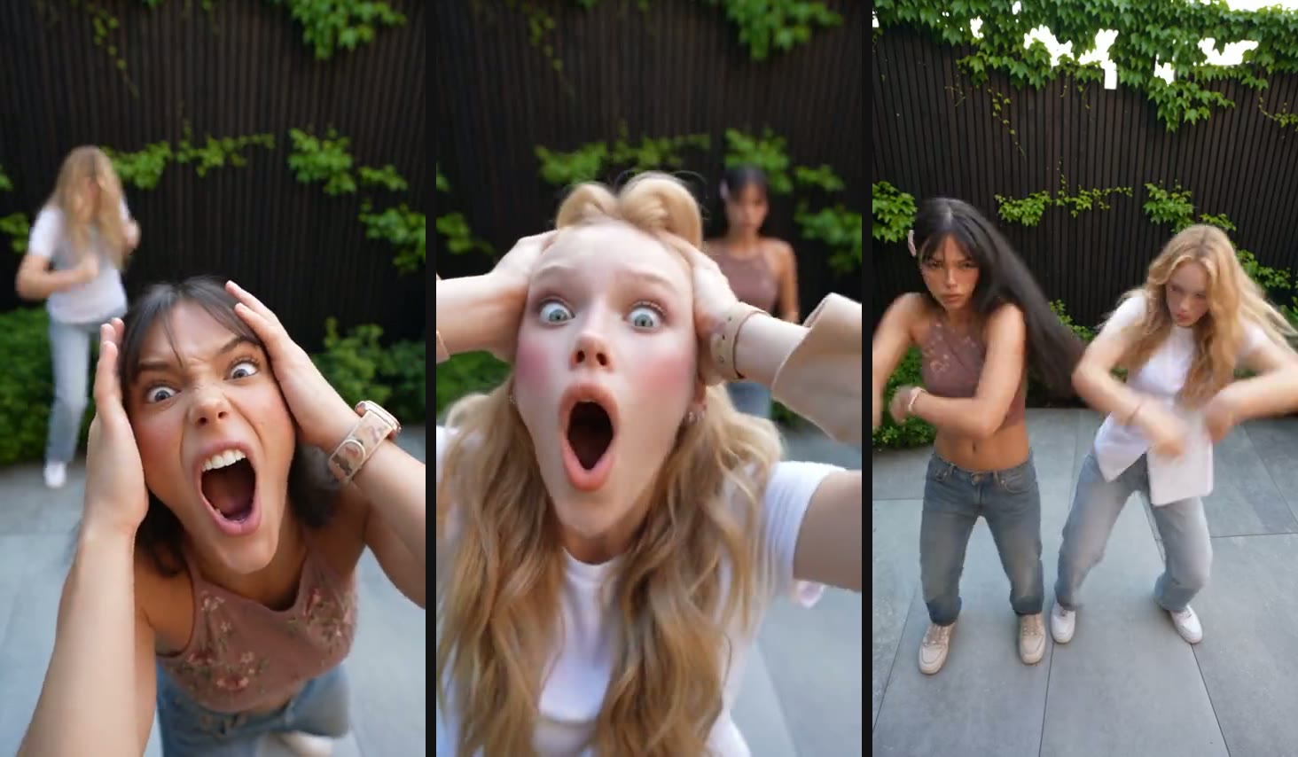 Three stills from a Smalltown Boy AI dance video: two friends each scream into a wide-angle lens, then dance side by side in a courtyard