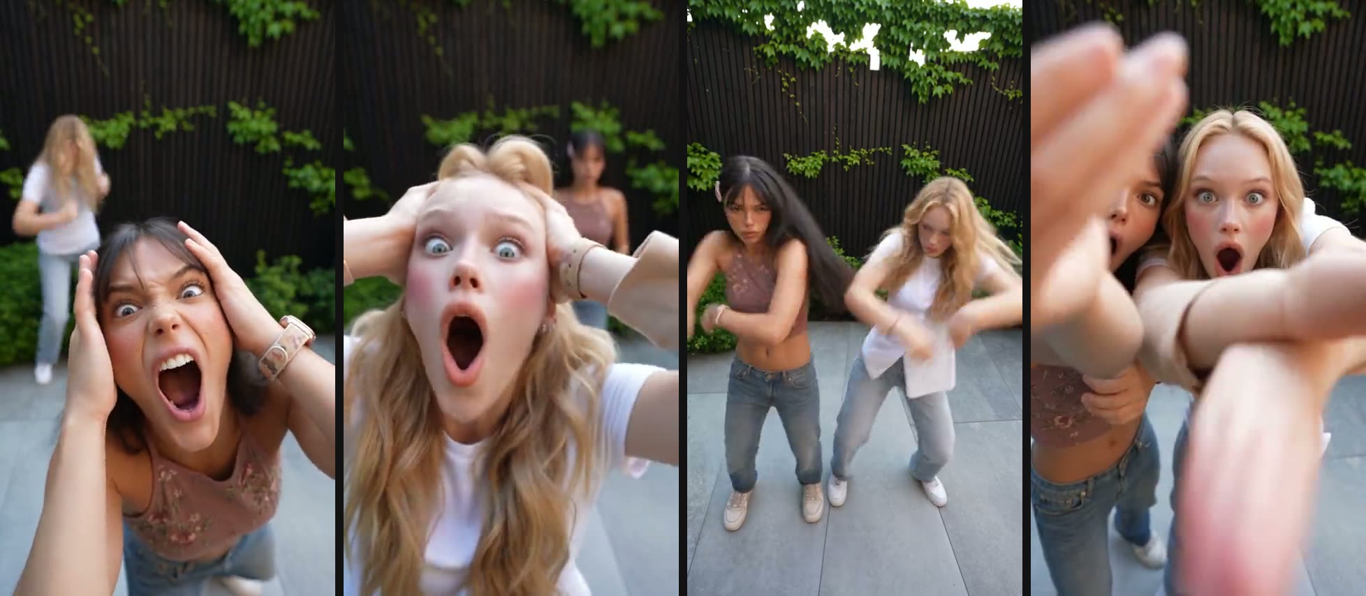 Four stills from the Smalltown Boy AI video: the first person screaming at the lens, the second person screaming at the lens, both dancing side by side, and both lunging at the camera