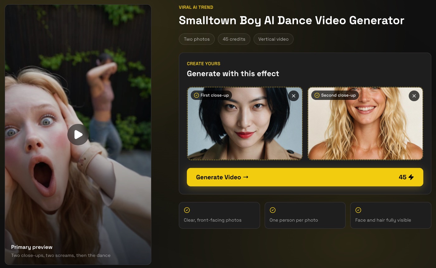 The Smalltown Boy generator on FIKKU with two portrait photos uploaded in the First close-up and Second close-up boxes and a Generate Video button for 45 credits