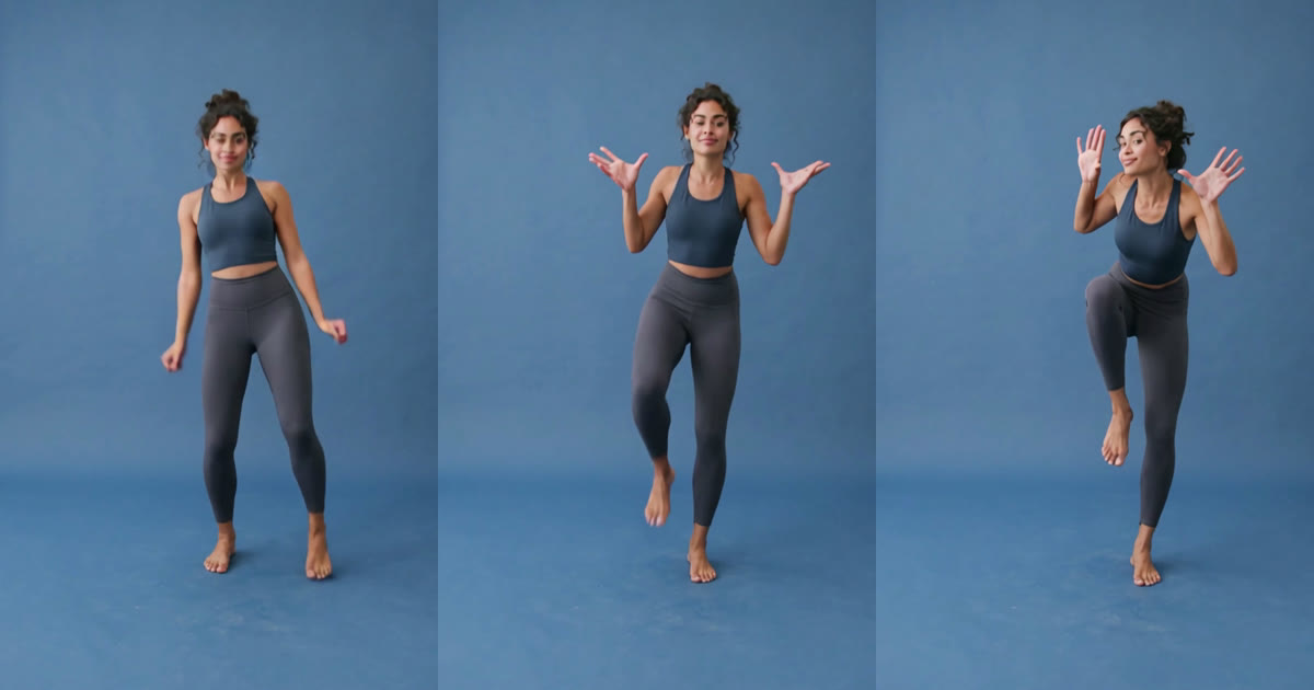 Three moves from a Zanny emote video: a loose bounce, a knee lift with palms up, and waving hands beside the face