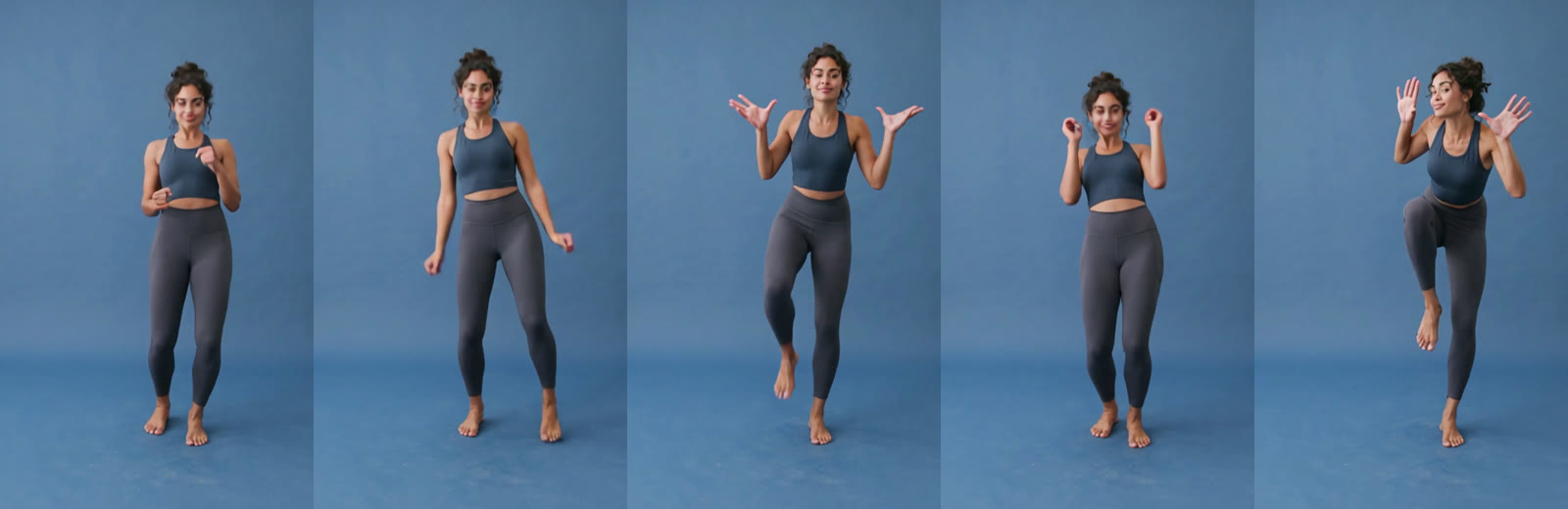 Five moves of the Zanny emote in order: the bounce, wobbly knees, the shrug with a knee lift, curled fingers by the face, and waving hands with the knee up