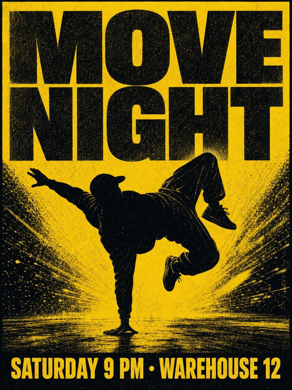 GPT Image 2 poster result with the headline MOVE NIGHT and the line SATURDAY 9 PM · WAREHOUSE 12 over a dancer silhouette