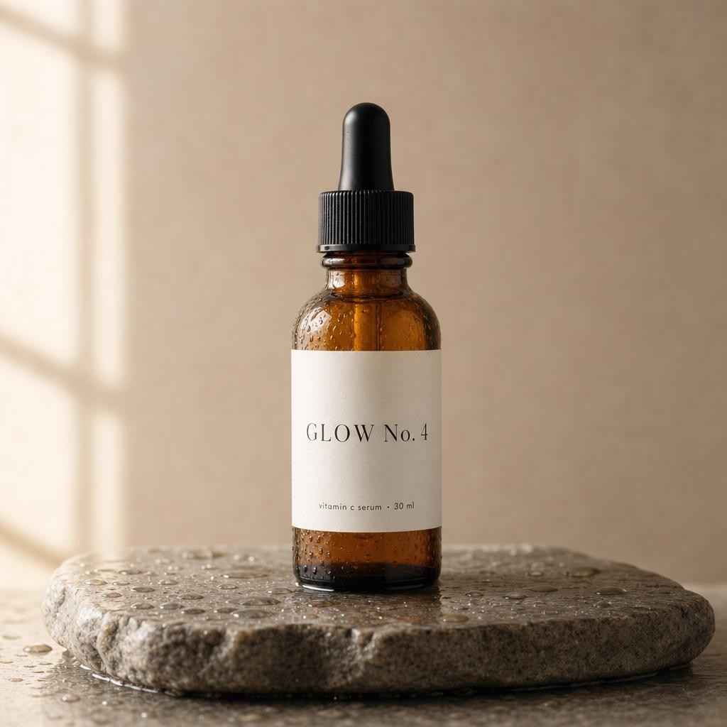 GPT Image 2 product photo of an amber serum bottle labeled GLOW No. 4 on a wet stone slab