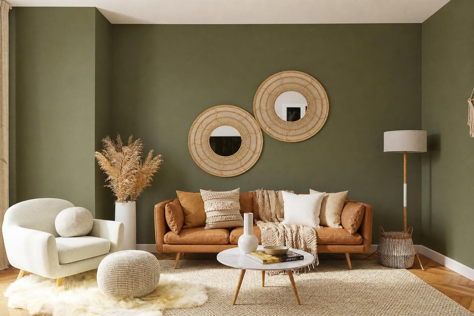 The same living room edited by GPT Image 2 with olive green walls and a tan leather sofa